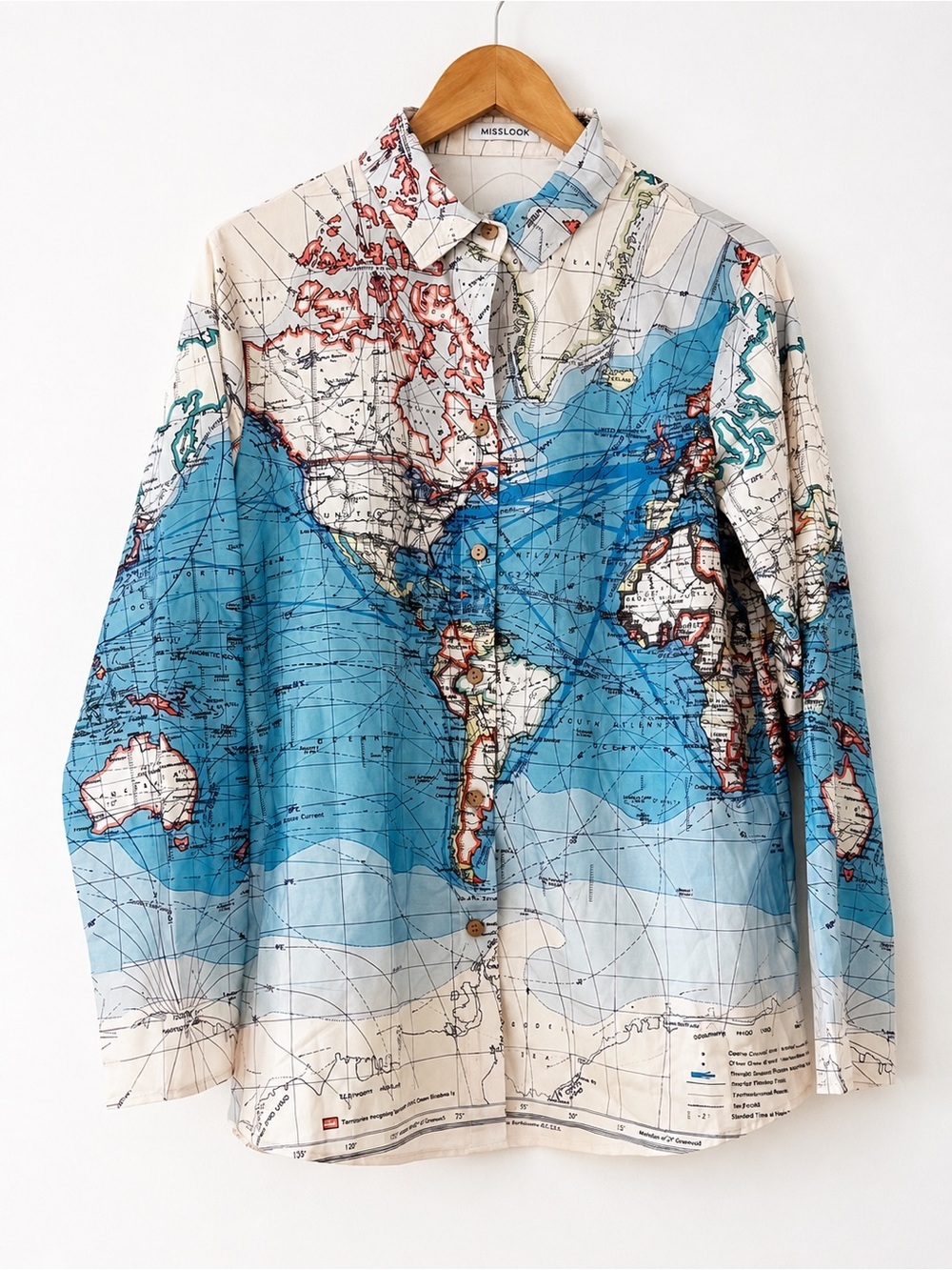 Misslook XL World Map Print Button Up Shirt Atlas Geographic Long Sleeve Blouse